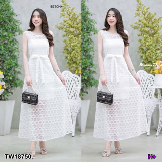 TW18750 Maxi dress ผ้าลูกไม้ซีทรูสีขาวแขนกุด