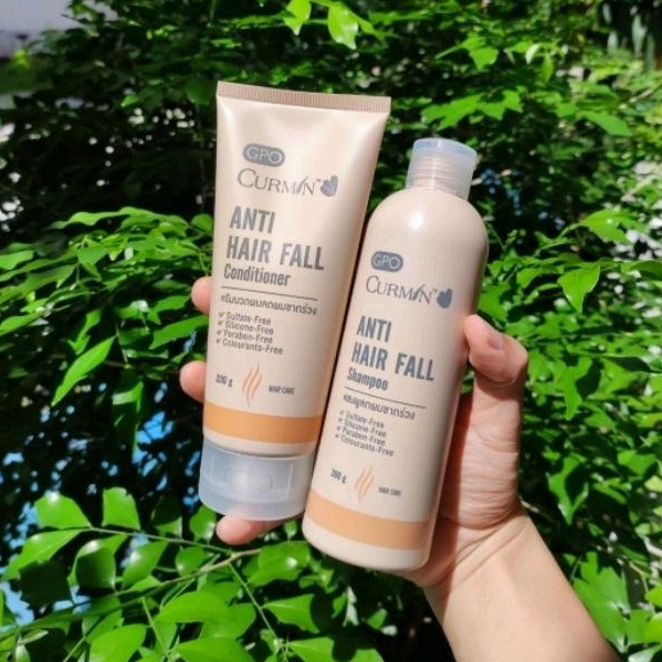 แชมพูและครีมนวดลดผมขาดร่วง GPO Curmin Anti Hair Fall Shampoo 300g + Conditioner 200g 1 Set