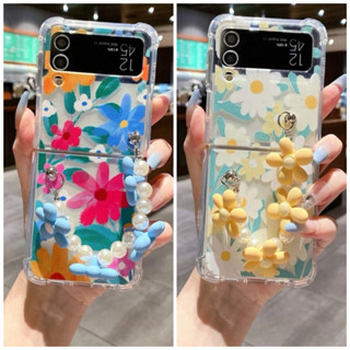 เคสซัมซุงลายดอกฟ้า/เหลือง+สายห้อย (Case Samsung Galaxy Z Flip3/4 5G) เคสมือถือ เคสจอพับ เคสเปิดปิด เคสดอกไม้ เคสมุก