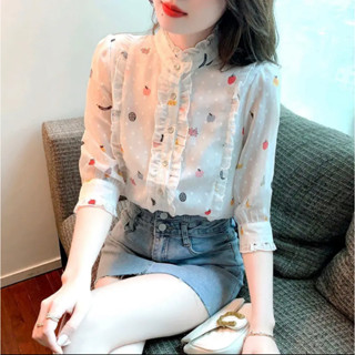 เสื้อเชิ๊ต ผู้หญิง คอจีนแต่งระบาย แขน 4 ส่วน ผ้าชีฟองมีซับใน สาวอวบใส่ได้ รุ่น น่ารัก