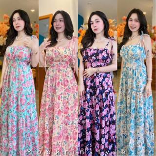 Mookrinstyle เดรสไปทะเลลายดอกผูกไหล่ ผ้าพิมพ์ลายวินเทจ ชุดยาวเดินชายหาด Maxidress vintage