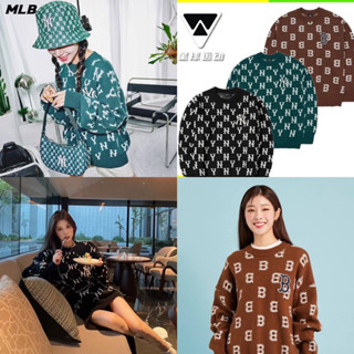 ❀ [พร้อมส่ง] 🤎💚🖤 Mlb NY เสื้อกันหนาว คาร์ดิแกน ผ้าฝ้าย ไหมพรม แขนยาว คอกลม ปักลายตัวอักษร NY MONOGRAM