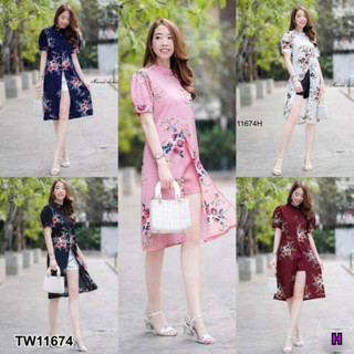 TW11674 Set 2 ชิ้น เสื้อคอปีนตัวยาวผ่าหน้า+กางเกงขาสั้น