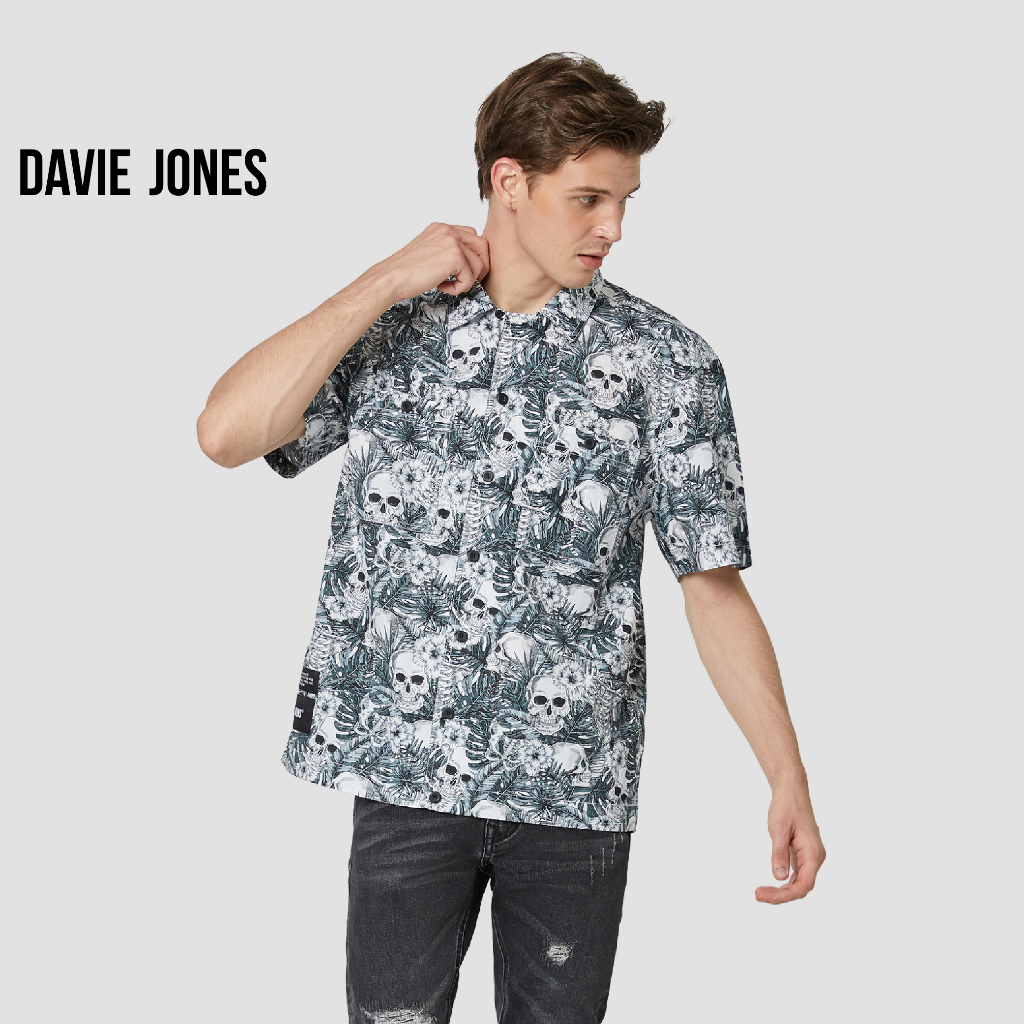 DAVIE JONES เสื้อเชิ้ต แขนสั้น Relaxed Fit Short Sleeve Print Shirt SH0097 สีดำ