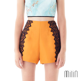 [MILIN] Sheng Yi Front seaming with lace detail Polyester High waist shorts กางเกงขาสั้นเอวสูงแต่งลูกไม้สีดำ 28