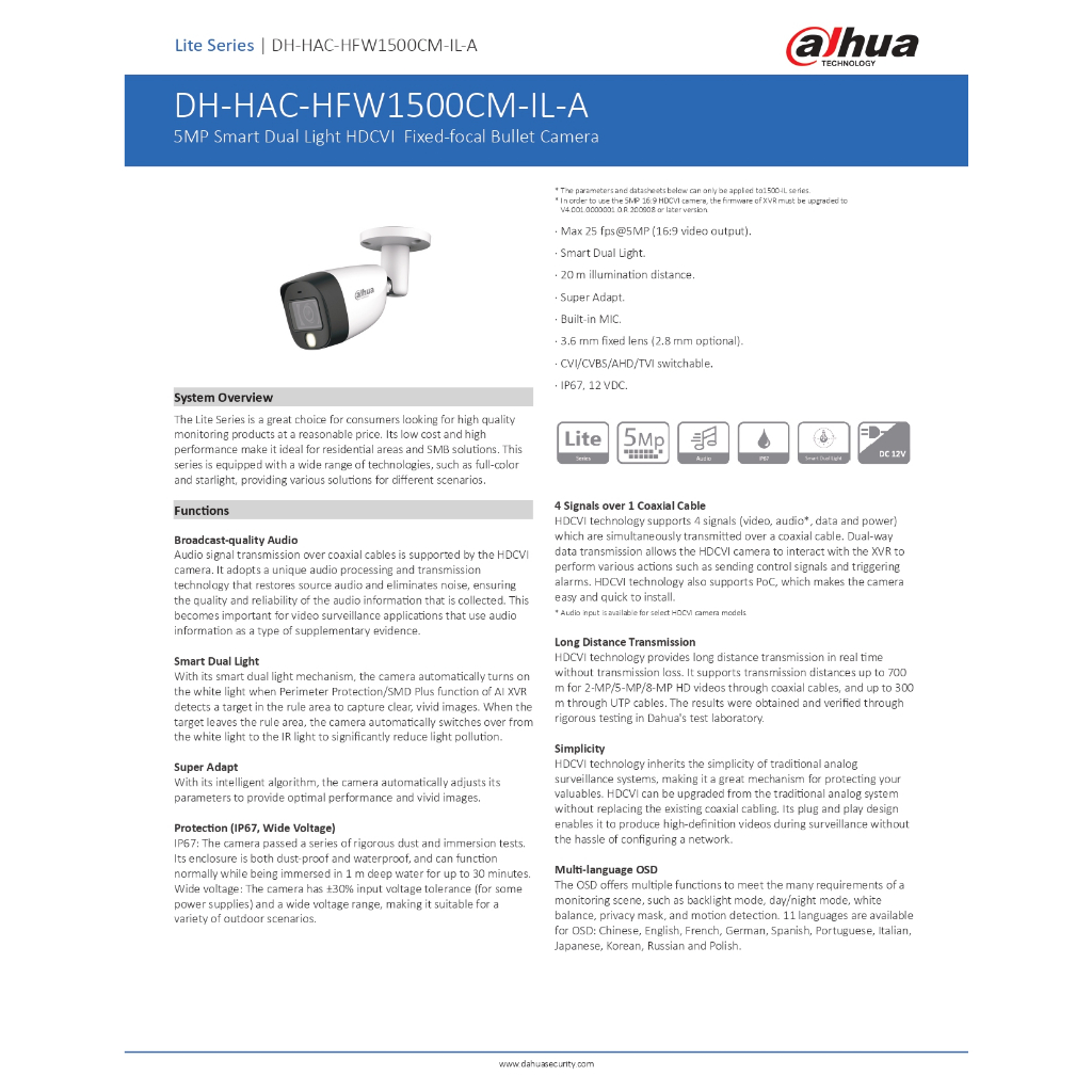 DAHUA กล้องวงจรปิด 5MP มีไมค์ในตัว รุ่น HAC-HFW1500CMP-IL-A - แบบเลือกซื้อ BY N.T Computer