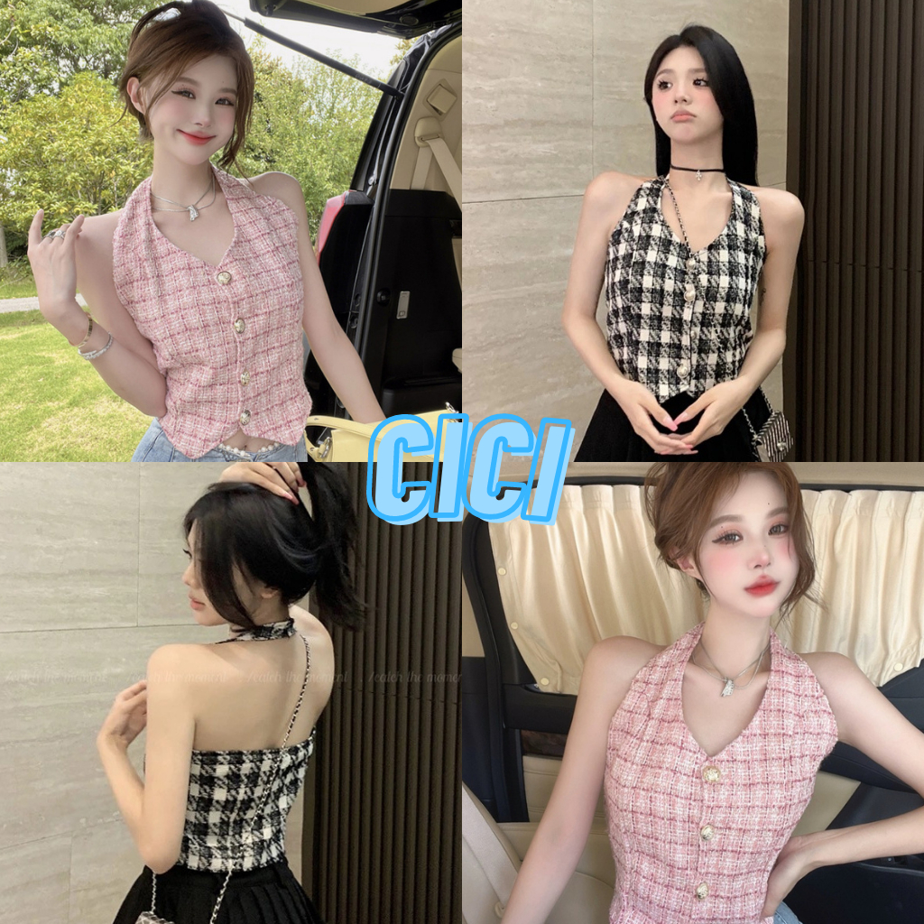 Cici(NO.WK978) เสื้อกั๊กคล้องคอ เว้าหลัง ผ้าทวิตมีซับใน กระดุมจริง เหมาะกับสายแฟชั่น