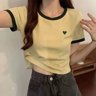 SHOP_MKL🌿เสื้อครอปคอกลม แขนสั้น ลายปักหัวใจ คอกลม สุดน่ารัก 📌💜#9010
