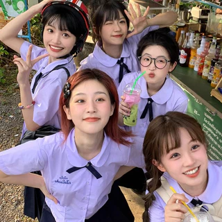 เสื้อเชิ้ตนักศึกษาแขนสั้นผู้หญิงนน่ารัก Oversize แฟชั่นเกาหลี นักเรียนนักคอปกทหารเรือ ยูนิฟอร์ม คอปก สําหรับผู้หญิง