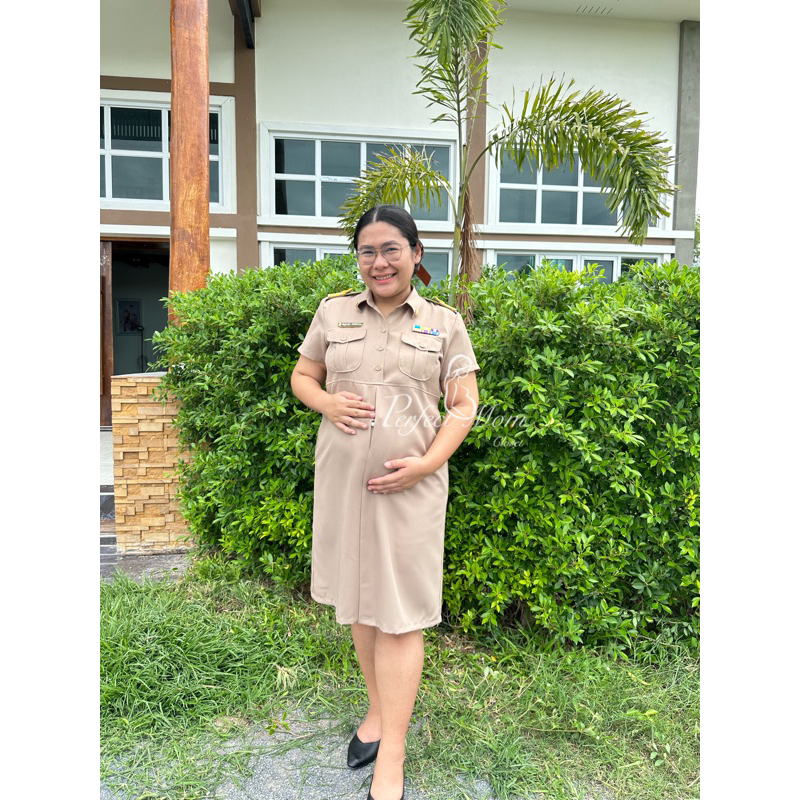 🔥พร้อมส่ง✅PMC_02 ชุดคลุมท้องข้าราชการ สีกากี ติดอินธนูและเครื่องหมายต่างๆได้