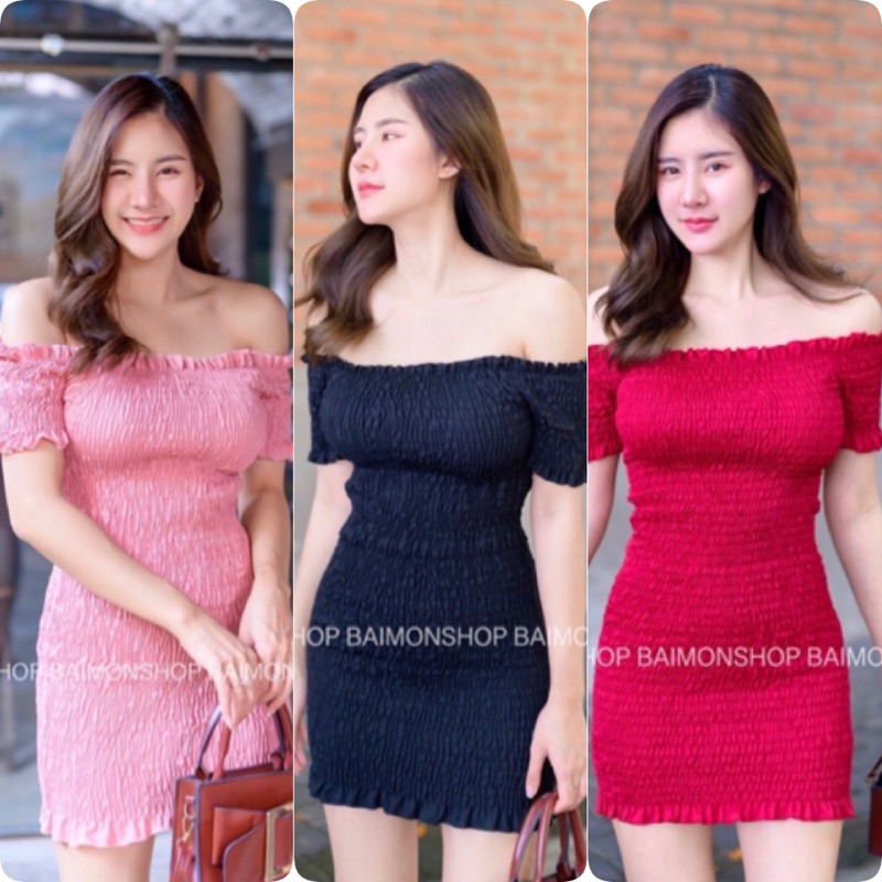 💰 MahahengCloset 💰เดรสเปิดไหล่ เเต่งสม็อคทั้งตัว ใส่แล้วน่ารักมากๆ เดรสสม็อค