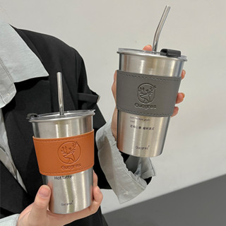 🌸พร้อมส่ง💨แก้วกาแฟเก็บความเย็น แก้วน้ำสแตนเลส ขวดน้ำ 500M มาพร้อมฝาปิดและหลอดพลาสติก