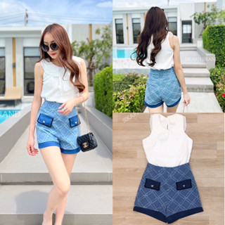 Set2ชิ้น เสื้อแขนกุดผ้าฉลุ +กางเกงยีนส์ขาสั้นผ้านิ่มTag::KR