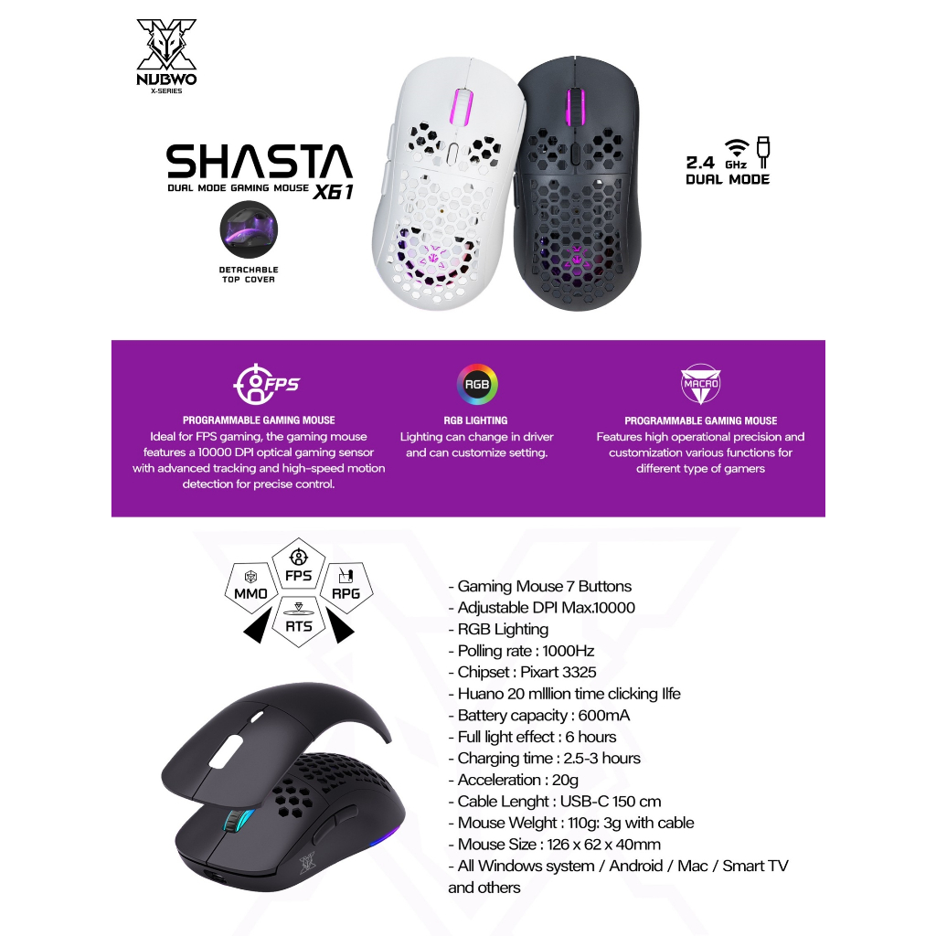 เมาส์ไร้สาย Nubwo X61 SHASTA Dual Mode 2.4Ghz Gaming Mouse RGB Lighting เมาส์เกมมิ่งไร้สาย เมาส์เกมมิ่ง ประกันศูนย์ 2 ปี