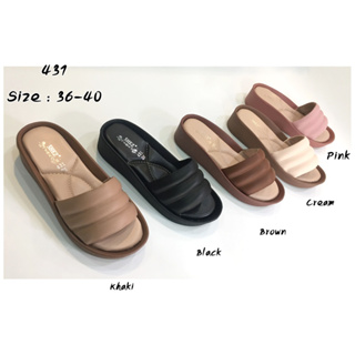 prettycomfort รองเท้าแตะหญิง  แฟชั่น สไตล์เกาหลี Slippers หนัง Pu แบบสวมใส่สบาย ส้นสูง4cm. 431