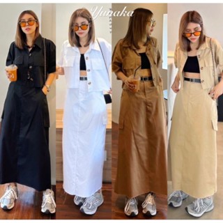 ชุดเซ็ต 3 ชิ้น oversize ชุดสาวอวบ เสื้อเชิ้ตแขนสั้นครอป+ กระโปรงยาวทรงเอ+เข็มขัดเข้าชุดกัน