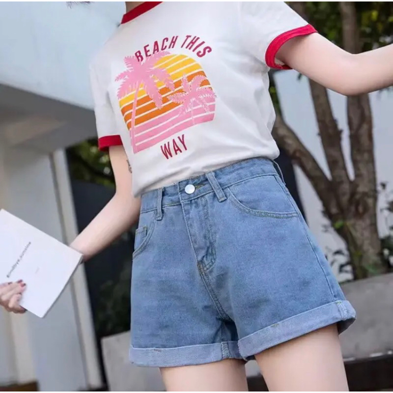 N8036# กางเกงยีนส์ ขาสั้น สุดฮิตไสตล์เกาหลี เอวสูงพับปลาย ผ้ายีน วมใส่สบาย