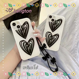 🌈Langton🌸สไตล์สร้อยข้อมือ ป้องกันการหล่น ขอบเต็ม iphone 11 14 pro max รูปหัวใจ สีขาว เรียบง่าย case for iPhone 12 13