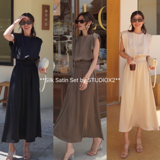 🪐SILK SATIN SET SHOULDER PAD BLOUSE + A LINE MAXI SKIRT (690฿ฟรีส่ง) ชี้เป้าสายหรู!! เกาะกระแส กระโปรงซาติน! studioX2