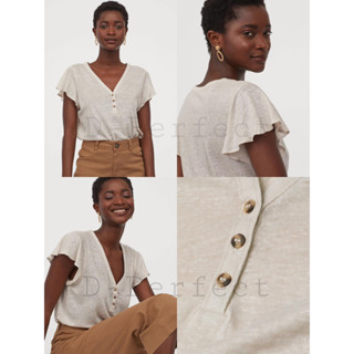 HM Linen Top  เสื้อยืดเนื้อผ้าลินิน แต่งระบายช่วงแขน ผ้่เนื้อนิ่ม ผ้ายืด เนื้อผ้าไม่หนา ใส่สบายๆ ผ้าไม่ร้อน