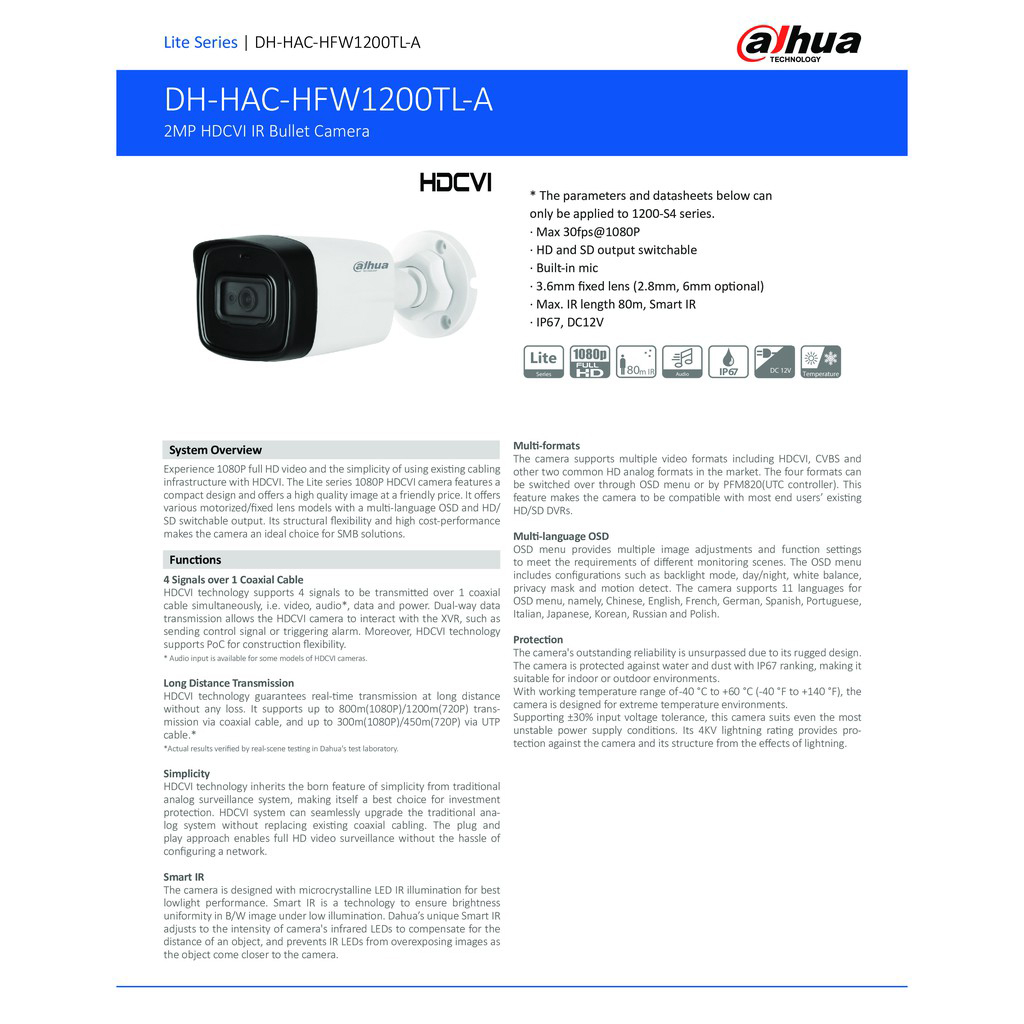 DAHUA กล้องวงจรปิด 4IN1 มีไมค์ในตัว IR 80 M รุ่น HAC-HFW1200TLP-A เลนส์ 2.8 mm