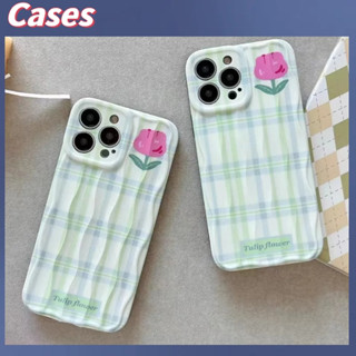 คูปองเคลม🎀เคสไอโ case for iphone 11 12 ดอกไม้สีชมพูลายสก๊อตสีฟ้าสีเขียวเรียบง่าย เคส 14 13 12 11 pro max เปลือกนิ่มtpu