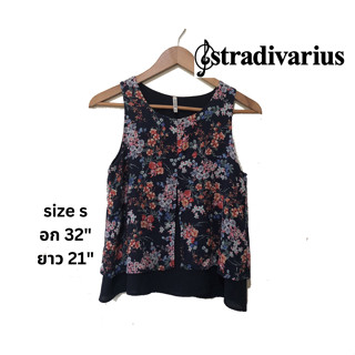 Stradivarius เสื้อแขนกุด แบรนด์สตราดิวาริอุส ผ้าชีฟองมี 2 เลเยอร์ ลายดอกสีกรมท่าสวยมาก ไซส์ s