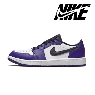 Nike Air Jordan 1 Low Golf "Court Purple" การดูดซับแรงกระแทกแท้ 100% กันลื่นรองเท้าผ้าใบสีม่วงและสีขาวที่ทนต่อการสึกหรอ