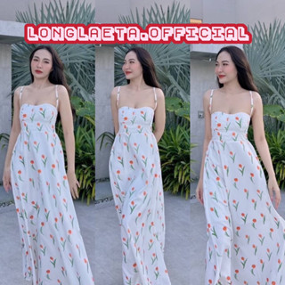 Tulip dress เดรสยาวสายเดี่ยวลายดอกทิวลิปสุดหวาน สมอคหลัง เดรสใส่ไปทะเล ชูก้า