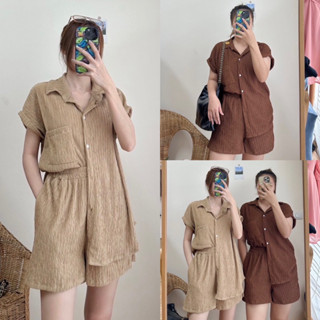 JU2802 ชุดเซตเสื้อเชิ้ตคอปก งานแขนพับ+กางเกงขาสั้นเอวยางยืด