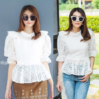 SOF เสื้อลูกไม้ ประยุกต์ ผ้านิ่มยืดหยุ่น ใส่ไม่คัน อก S M L XL XXL สีขาว แขนสามส่วน Blouse