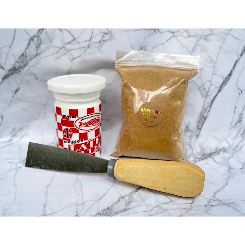 ชุดซ่อมไม้DIY  ขี้เลื่อยไม้สัก 50ก. +  กาวลาเท็ก4 ออนซ์  เกียงโป๊ว ใช้ซ่อมรอยแตกเฟอร์นิเจอร์