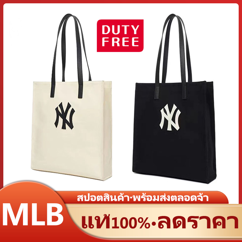 จัดส่งลำดับความสำคัญ MLB canvas tote bag shoulder handbag women unisex กระเป๋าทรงสี่เหลี่ยม PREMIUM CREAM NEW YORK YANK