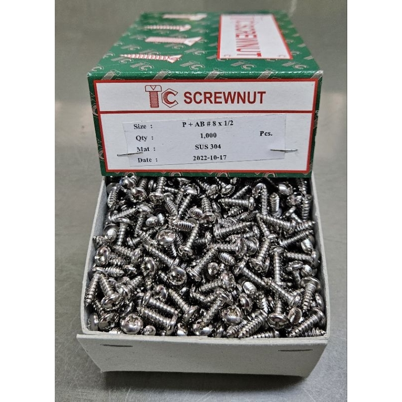 TC SCREWNUT เกลียวปล่อย SUS304 #8X1/2# หัวกลม กล่องละ1000 ตัว เกลียวปล่อย P+AB #8X1/2 สแตนเลส เกลียว