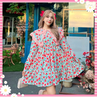 Rose Dress พร้อมส่ง เดรสคอบัวลายดอกไม้ ปกใหญ่ซ้อน2ชั้น โทนสีขาว แขนยาว คนท้องใส่ได้ สีสวยลายชัด น่ารักมาก งานป้าย