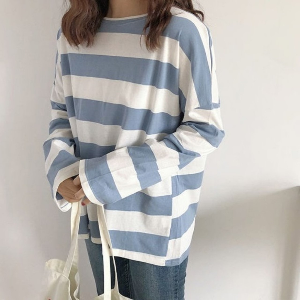 ꕥCatalog Fashionꕥ เสื้อยืดคอกลมแขนยาวลายทาง 3 สี
