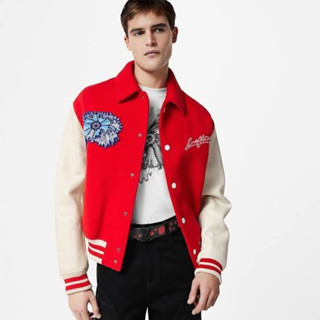 LV X YK FLOWER EMBROIDERED VARSITY BOMBER JACKET เสื้อแจ็คเก็ต ผ้าวูล แต่งแขนหนัง ปั้มlogo หลุยส์