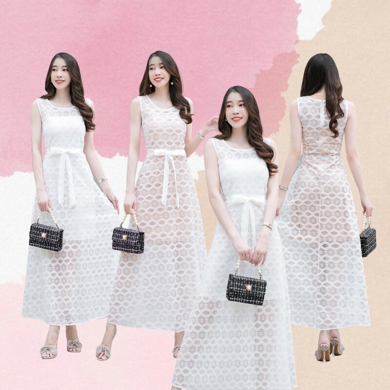 ส่งไว 1-2วันถึง 18750 เดรสผ้าลูกไม้ซีทรูสีขาวแขนกุด ตัดต่อขอบเอวด้วยผ้าสีขาวมีโบว์ ชุดออกงาน #ทําบุญ