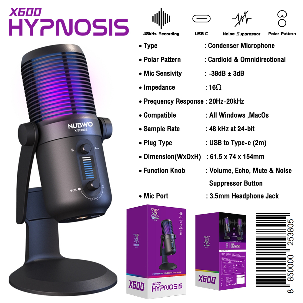 🔥ขายดีมาก🔥⚡️ไมค์คอมเกมมิ่ง⚡️ NUBWO รุ่น X600 HYPNOSIS Professional Condenser Microphone เชื่อมต่อผ่าน USB ไมค์โครโฟน