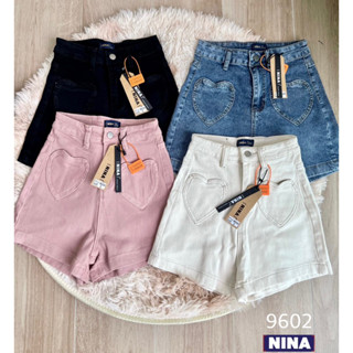 Nina jeans (S-3XL) กางเกงยีนส์ขาสั้นเอวสูงผ้ายืดกระเป๋าปะหน้าหัวใจ #9602 jeansdede