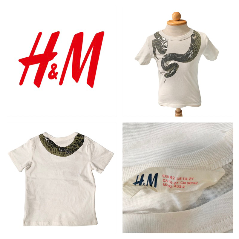 H & M (H1) เสื้อยืด คอกลม แขนสั้น เด็ก สีขาวลายงู EUR92🐍
