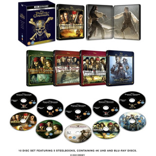 [แผ่นหนังลิขสิทธิ์แท้]Pirates of The Caribbean 1-5 Film Steelbook (กล่องเหล็ก) [4K Ultra HD + Bluray]