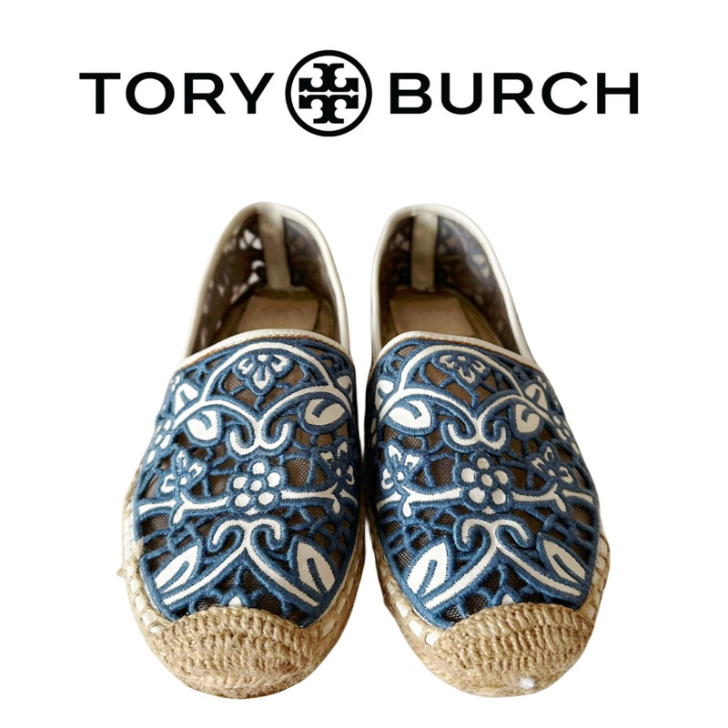 รองเท้า Tory Burch Lucia Lace Espadrille สี Ivory/Medium Blue มือสอง (แท้ 💯)