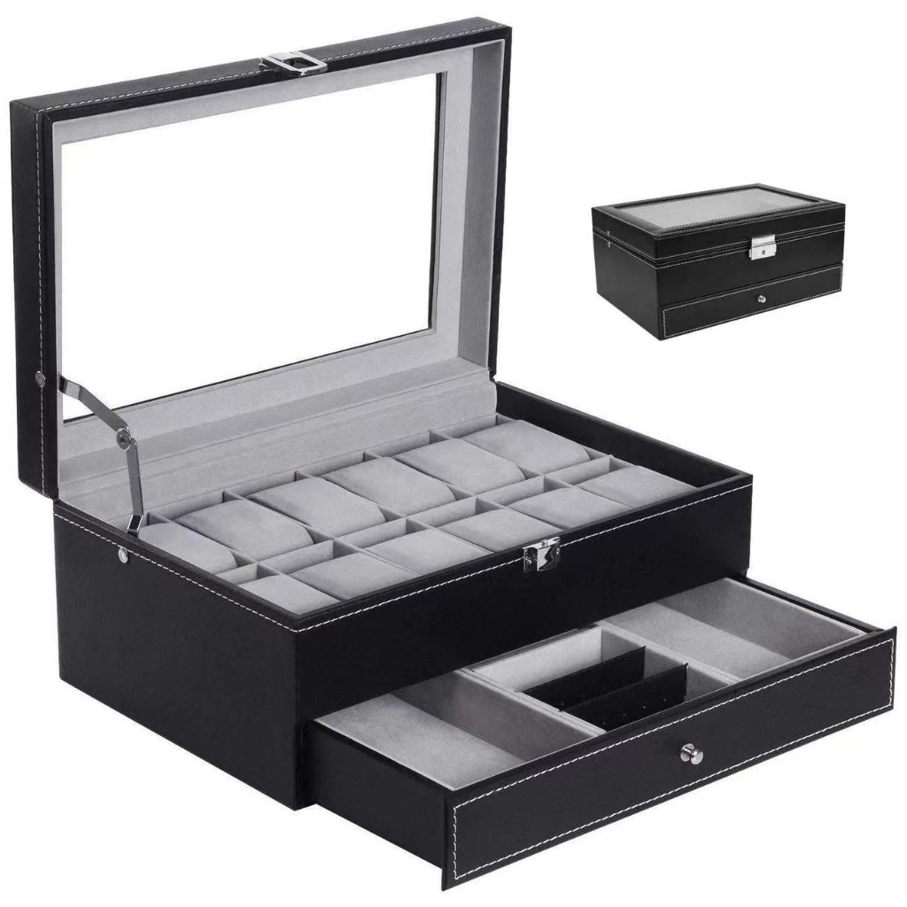 *พร้อมส่ง*กล่องนาฬิกา+เครื่องประดับ 2ชั้น(PUหนังคลาสสิก) กล่องใส่นาฬิกา Watch Box ในสีเท