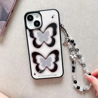 🍑CasePhoneg🍑สไตล์สร้อยข้อมือ ผีเสื้อ ขอบดำ สีขาว iPhone 11 14 pro max ป้องกันการหล่น ขอบเต็ม case for iPhone 12 13