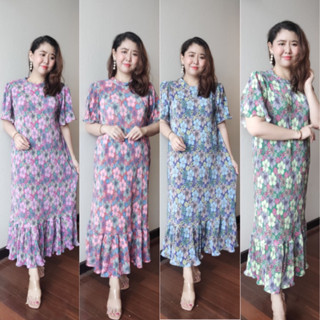 New Collection Fashion Pleat dress b161 ชุดพลีทสาวอวบลายดอกไม้ยืดFreesize แฟชั่นสาวอวบ ชุดเดรสยาวb161 แฟชั่นชุดพลีท