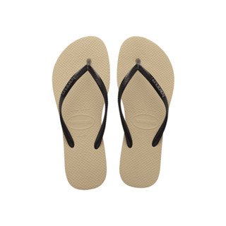 HAVAIANAS รองเท้าแตะผู้หญิง SLIM LOGO METALLIC SAND GREY/BLACK CREAM/BLACK รุ่น 41198752181CMBK