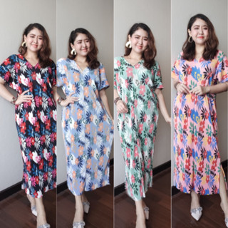 Maxzy Dress Premium Pleat ลายสวย  แพทเทิร์นชายตรงเดรสยืด พลีทยาว แฟชั่นสาวอวบ ชุดพลีท ชุดใส่เที่ยวทะเล เดรสสาวอวบ