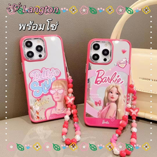 🌈Langton🌸สไตล์สร้อยข้อมือ การ์ตูน Barbie doll iphone 11 14 pro max พื้นผิวกระจก ขอบเต็ม สีชมพู case for iPhone 12 13