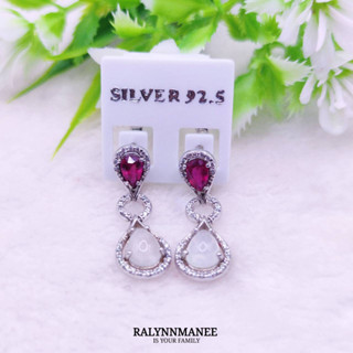 L6472 ต่างหูพลอยทับทิมและมูนสโตนแท้ ( Ruby,Moonstone ) แบบอิงลิชล็อค ตัวเคือนเงินแท้ 925 ชุบทองคำขาว